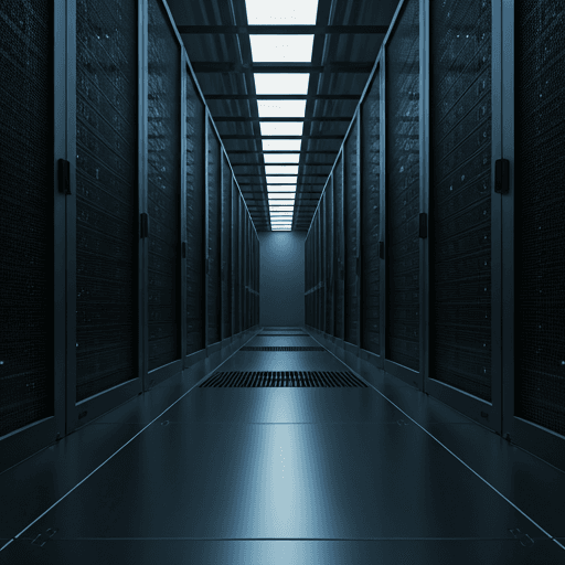 A sophisticated, high-tech server room illuminated by cool white and indigo LED lights reflecting off metallic surfaces.